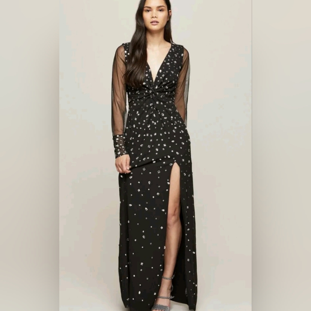 Elegant Long Sleeve Evening Formal Black Dress Sequin Slit Dress Prom Size 4